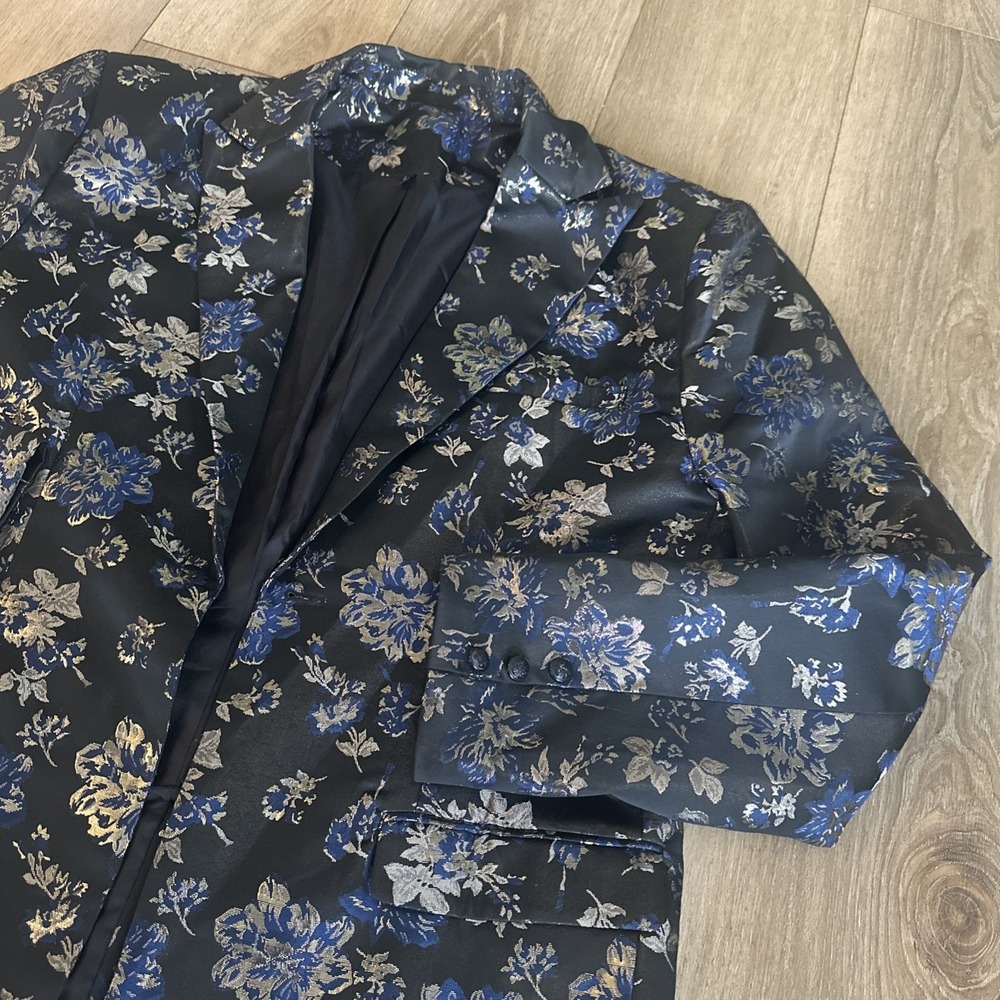 Floral Metallic Men's Sportcoat Black Blue Gold Prom Wedding Hipster Large*